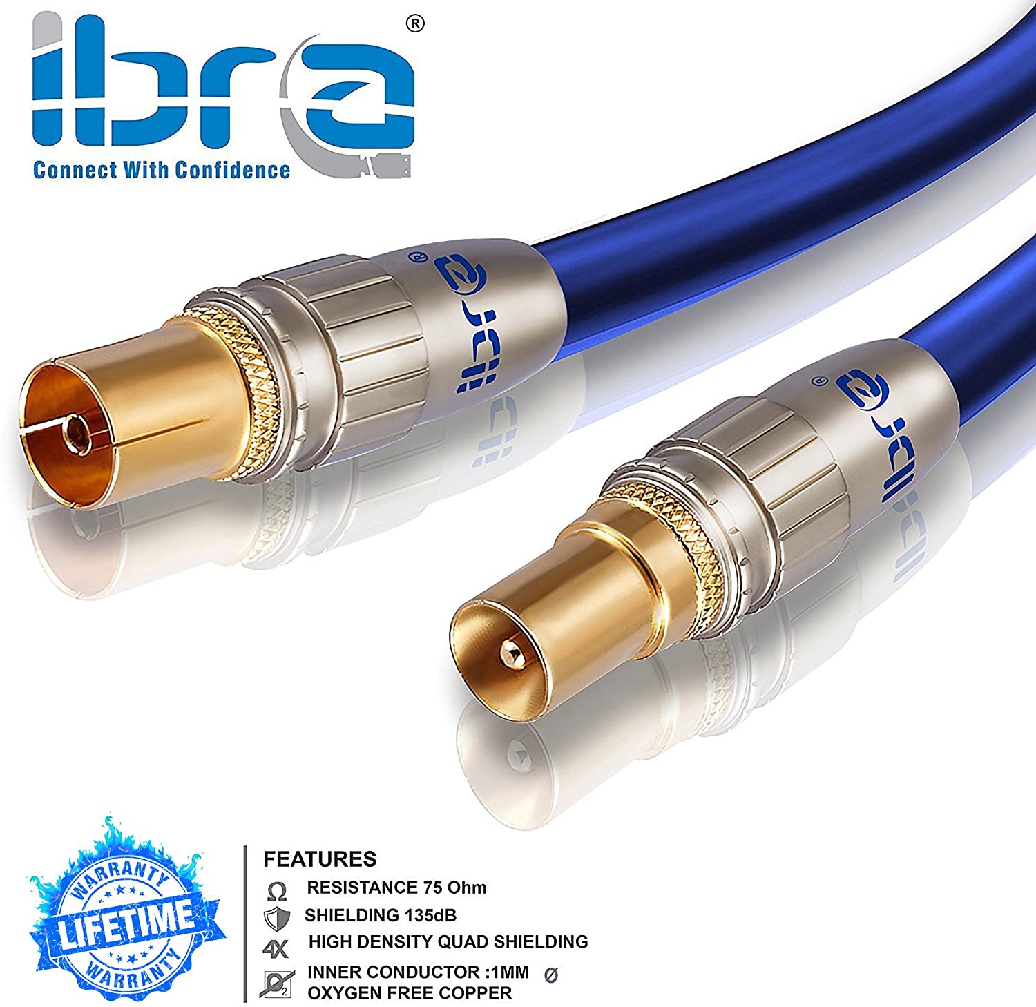 5m HDTV Antenna Cable|TV Aerial Cable|Premium Coaxial Cable|Connectors: Coax Male to Coax Female|For UHF/RF/DVB-T/DVB-T2 TVs, VCRs, DVD players, DVRs, cable boxes and satellite| IBRA Blue Gold