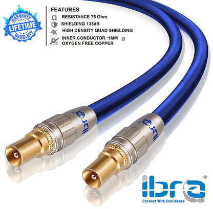 20M HDTV Antenna Cable | TV Aerial Cable | Premium Freeview Coaxial Cable | Connectors: Coax Male to Coax Male | For UHF / RF TVs, VCRs, DVD players, DVRs, cable boxes and satellite | IBRA Blue Gold