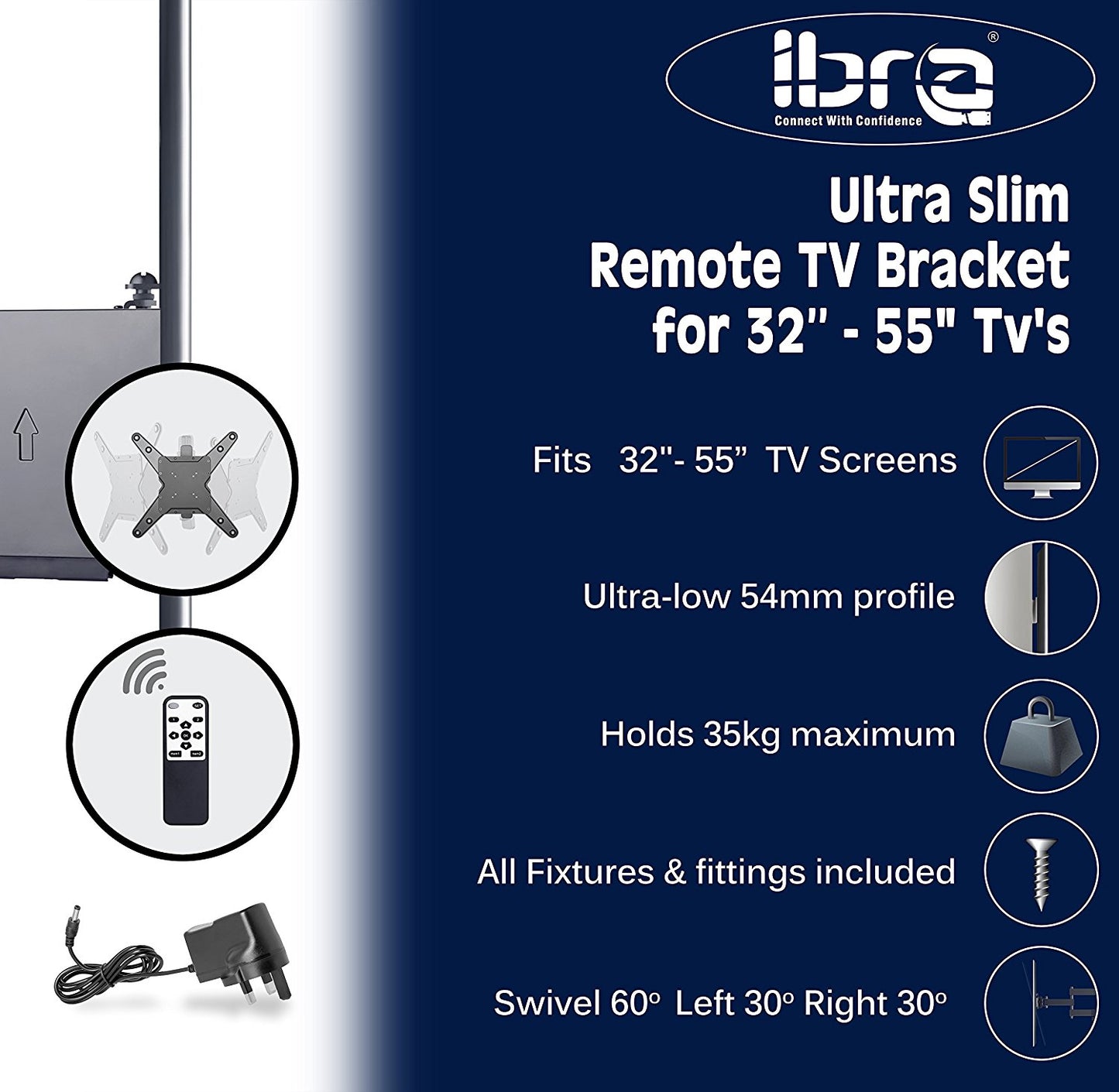 Slim Line TV Wall Mount Bracket with Motorised Remote Controller for LED,LCD,Plasma and 3D Tvs, Suitable for Screen Sizes 32 to 55 inch.