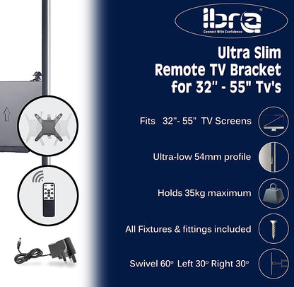 Slim Line TV Wall Mount Bracket with Motorised Remote Controller for LED,LCD,Plasma and 3D Tvs, Suitable for Screen Sizes 32 to 55 inch.