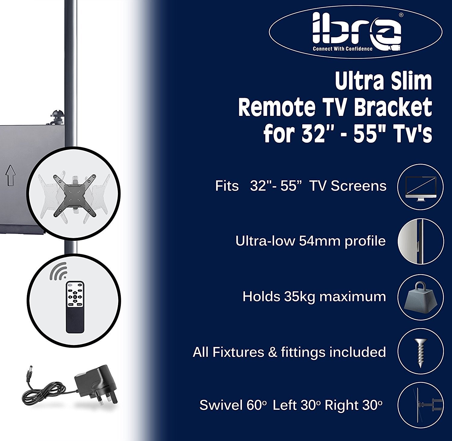 Slim Line TV Wall Mount Bracket with Motorised Remote Controller for LED,LCD,Plasma and 3D Tvs, Suitable for Screen Sizes 32 to 55 inch.