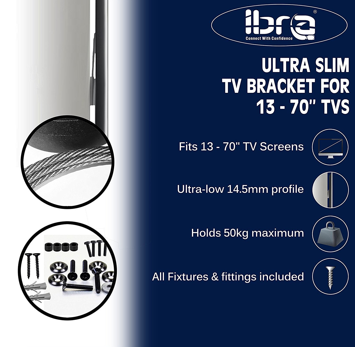IBRA Ultra Slim Wall Mount Bracket System for Samsung, LG and Philips LED TV. Fits most 13" to 70" Screens