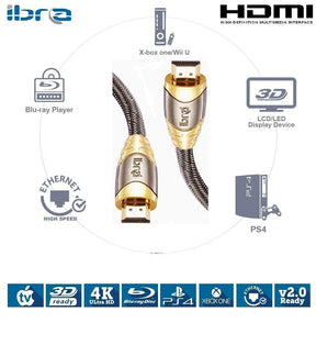 HDMI Cable 3M - HDMI 2.0 (4K@60Hz) Ready - 28AWG Braided Cord - 18Gbps -Gold Plated Connectors - Ethernet, Audio Return - Video 4K 2160p HD 1080p 3D Xbox PlayStation PS3 PS4 PC Apple TV – IBRA LUXURY