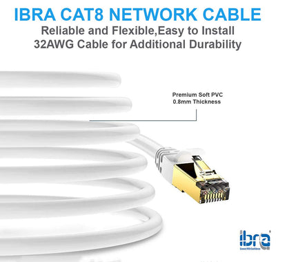 9M CAT8 Ethernet Gigabit Lan network cable (RJ45) SSTP 40Gbps 2000Mhz - Round White - IBRA