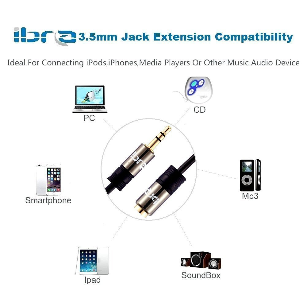 IBRA 2M Stereo Jack Extension Cable 3.5mm Male > 3.5mm Female - Gun Metal Range