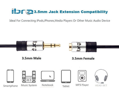 IBRA 1.5M Stereo Jack Extension Cable 3.5mm Male > 3.5mm Female - Silver