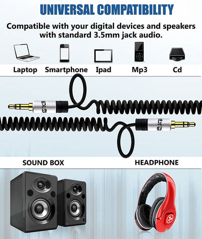 Spiral Aux Cable 2M 3.5mm Stereo Premium Auxiliary Audio Coiled Cable - for Beats Headphones Apple iPod iPhone iPad Samsung LG Smartphone MP3 Player Home / Car etc - IBRA Silver