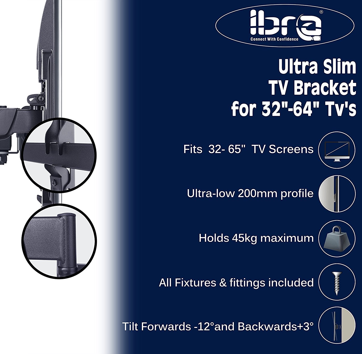 IBRA Ultra Slim Tilt Swivel TV Wall Mount for 32 - 65 inch LED, LCD Plasma & Curved Screens