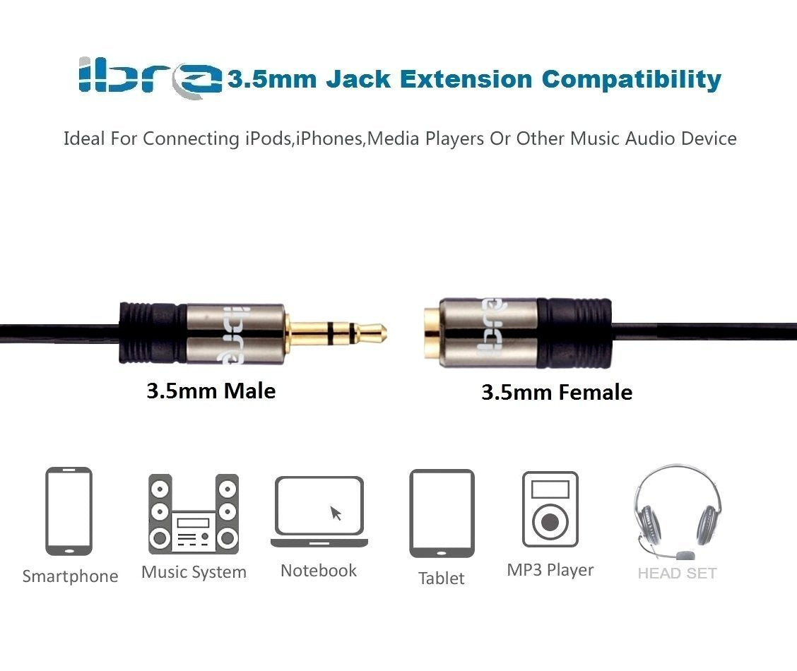 IBRA 1M Stereo Jack Extension Cable 3.5mm Male > 3.5mm Female - Gun Metal Range